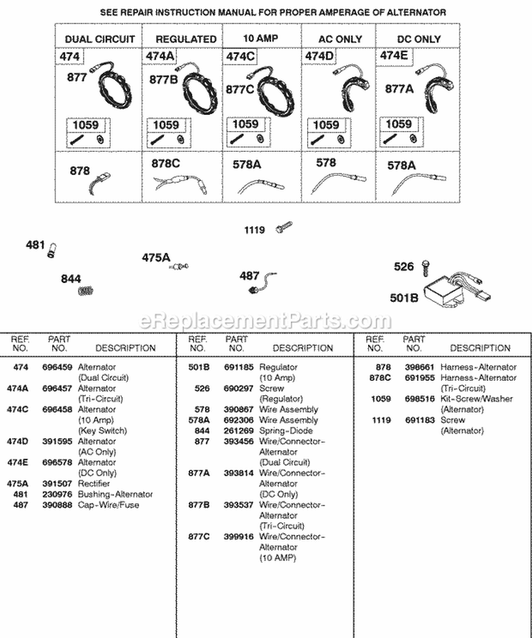 Alternators Diagram and Parts List for 326431-0129-99  Briggs and Stratton Engine